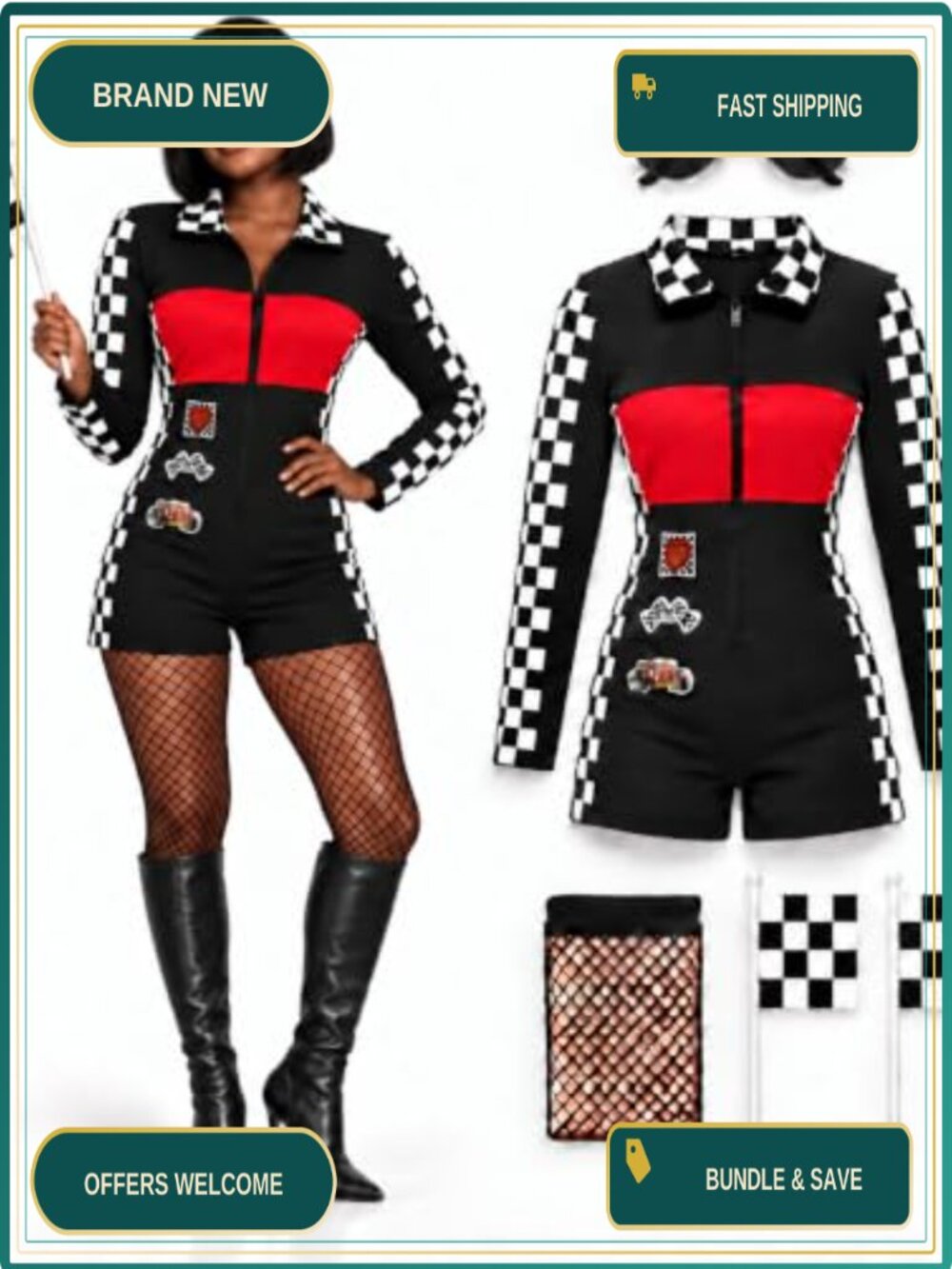 Women's Race Car Driver Costume Retro Racing Jumpsuit Halloween
